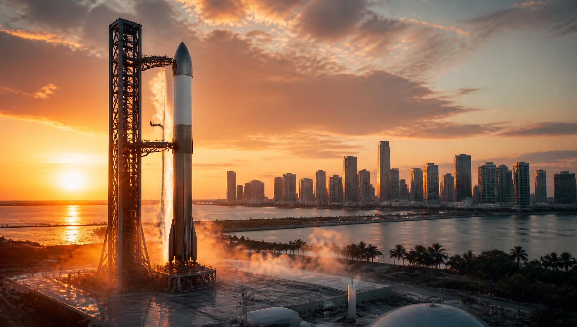 Rocket on a launchpad at sunrise with the Miami skyline and Brickell skyline across Biscayne Bay